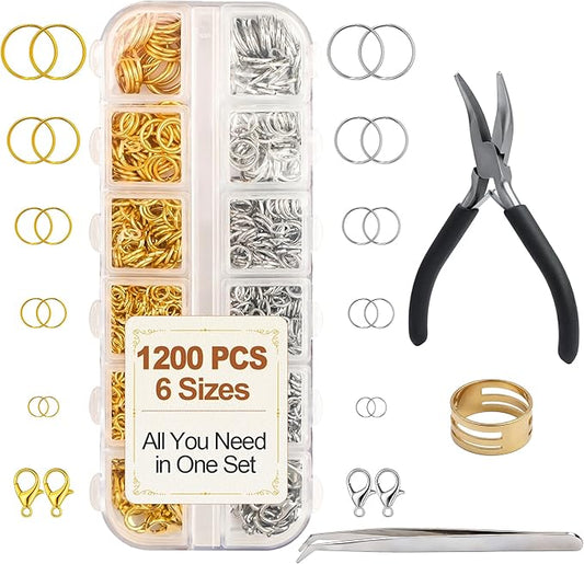 1200 PCS Jump Rings for Jewelry Making Supplies, Open Jump Rings Kit with Jump Ring Pliers & Tweezers, Gold & Silver Metal Split Rings for Necklace, Bracelet Repair & DIY Crafts