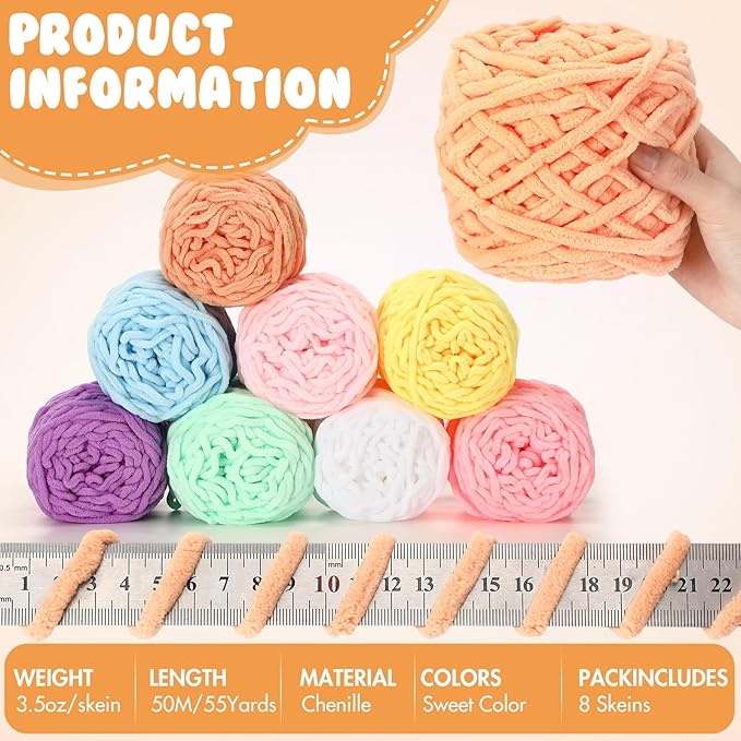 Buryeah 8 Pack Chunky Chenille Yarn for Crocheting Soft Thick Fluffy Yarn for Hand Knitting Bulky Velvet Blanket Plush for Weaving DIY Crafts Each 3.5 oz 55 Yards (Sweet Color)