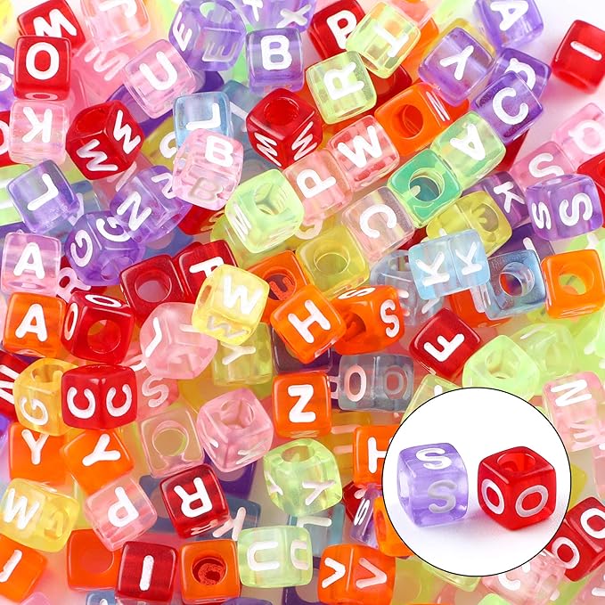 Augshy 1400pcs 5 Color Acrylic Alphabet Beads for Bracelets Making, Letter Beads with 1 Roll 10M Crystal String Cord for Jewelry Making（6mm）