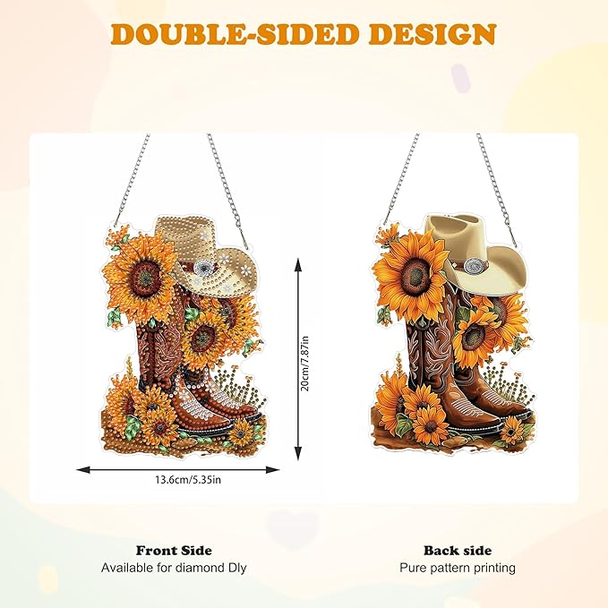 HEIBAGO Cowboy Boot Diamond Art Hanging Kits for Adults, Sunflower Diamond Art Suncatchers, 5D Special Shape Diamond Painting Pendant Window Ornament Gifts for Home Garden Door Wall Decor 8.3 x 8.3 In
