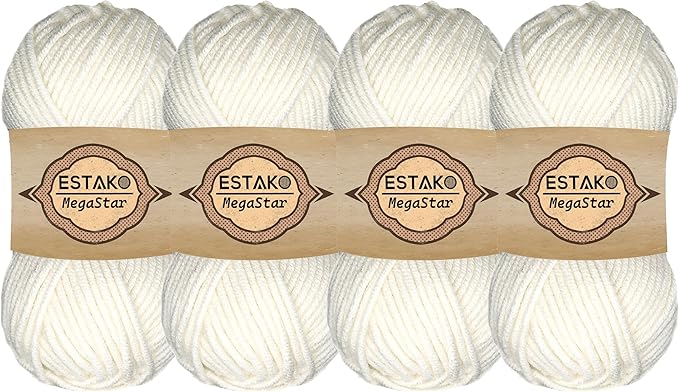 Estako Megastar, (4 Skeins Pack) 75% Acrylic 25% Wool Yarn, Soft, Chunky Bulky Weight #5 for Crochet and Knitting (4 x 3.52 Oz) / (4 x 120 Yrds) (60187-White)