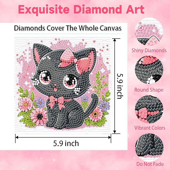 Cat Diamond Art Kits for Kids with Frame-Cat Diamond Art for Kids Ages 4-8-12 with Frame,Animals Diamond Painting Kits for Kid for Gift Home Wall Decoration(7x7inch)