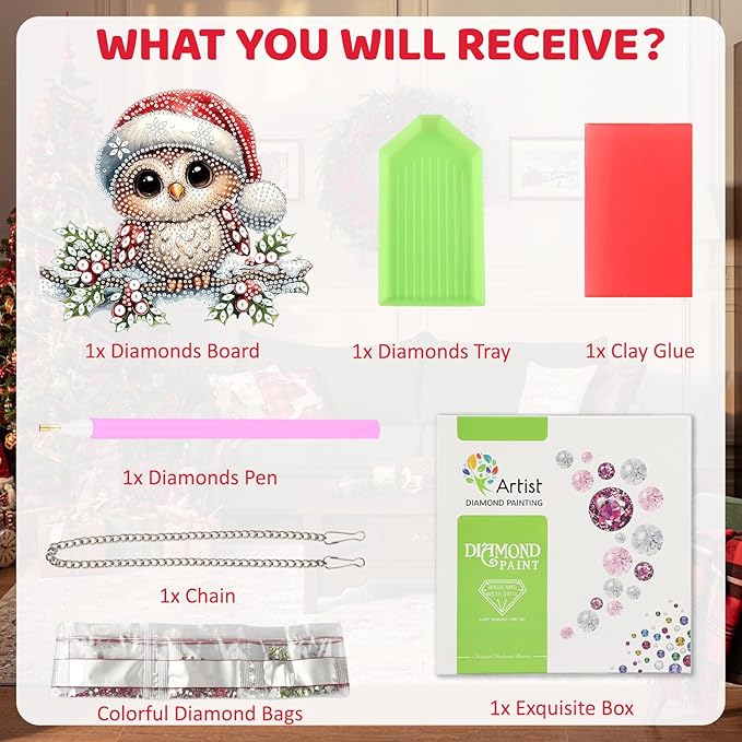 MEIYUDA Christmas Owl Diamond Art Hanging Kits for Adult, Cute Winter Owl Diamond Painting Hanging Kits Ornaments, DIY Special Shaped Rhinestone Window Pendants kit for Home Garden Wall Decor Gift