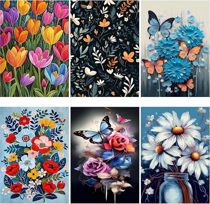 DOTZSO Diamond Art Kits for Adults 6 PCS DIY Full Diamond Art kit with Crystal Cross Stitch Picture Art and Craft for Adult Beginners 12x16 Inches (Flowers Butterfly)