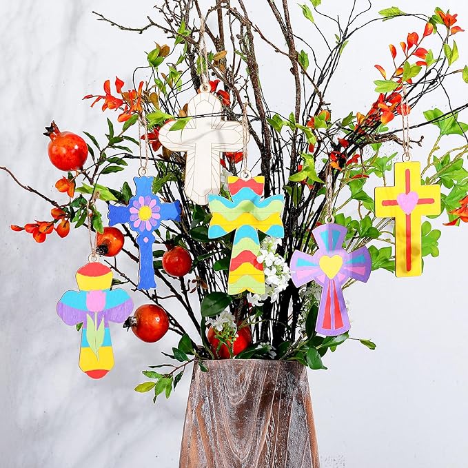Anglechic 14 Set Spring Religious Craft Kit Christian Cross Painting Crafts DIY Unfinished Wooden Cross Sunday School Hanging Ornaments Blank Coloring Decoration for Home Church Activities