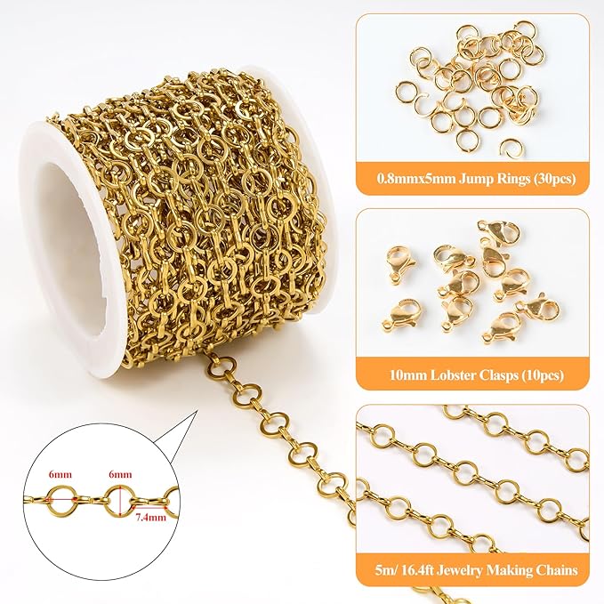 5 Meters Gold Plated Chains for Jewelry Making Stainless Steel Circle Chain Roll with Jump Rings and Lobster Clasps