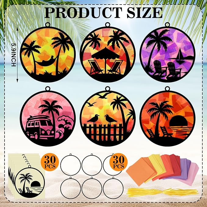 30 Pcs Tropical Palm Tree Craft Set Summer Beach Hawaiian Coconut Tree Suncatchers DIY Stained Glass Effect Tissue Paper Kits Gift Bulk for Luau Activities Art Party Decor