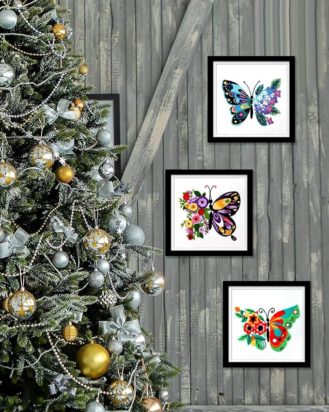 TINDTOP Embroidery Kit for Adult for Beginners, 9 Sets Hummingbird Butterfly Mushroom Flower Embroidery Kit for Beginners Include Embroidery Cloth Hoop Threads with Embroidery Skill Techniques