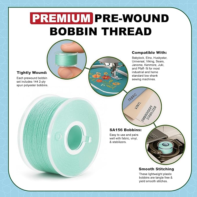 Mandala Crafts 144 Aqua SA156 Prewound Bobbins for Singer Sewing Machine -15J SA156 Prefilled Bobbin Thread for Brother Sewing Machine and Embroidery