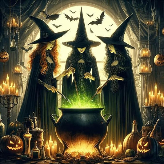 Yezavesu Halloween Diamond Art Kits for Adults, Halloween Witch Diamond Painting Kit for Beginners, 5D DIY Round Full Drill Painting with Gem Art Craft Kits for Home Wall Decor 14x14 Inch