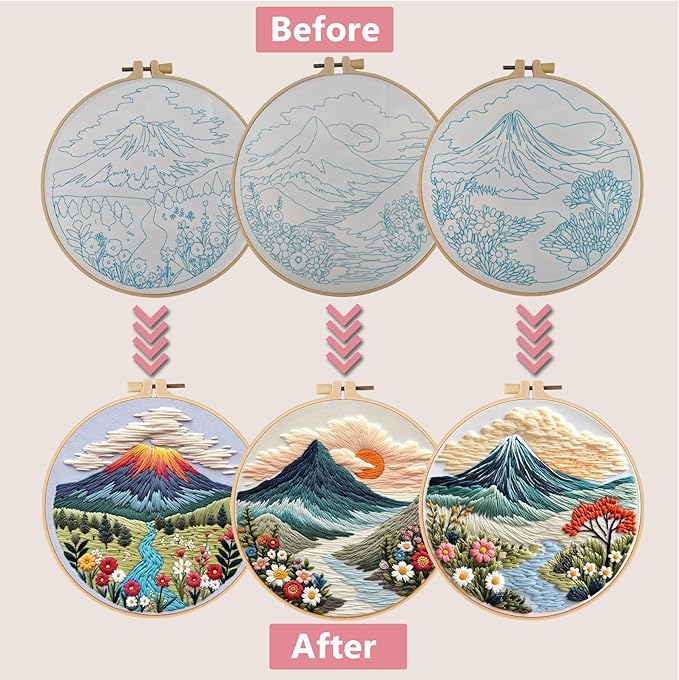 Embroidery Kit for Adults, Pre-Stamped Pattern Embroidery Kit for Beginners, DIY Hand Needlepoint Starter Kit with Hoop Thread Needle Instruction, 6.3'' Hoop (Nature Landscape 3 Packs)