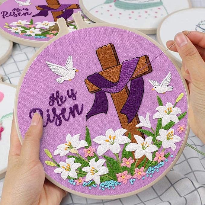 Nuberlic Lily Pattern Embroidery Kits for Beginner Adults, Cross Stitch Starter Kit with Embroidery Hoop Needles Threads Instruction -Easter Jesus