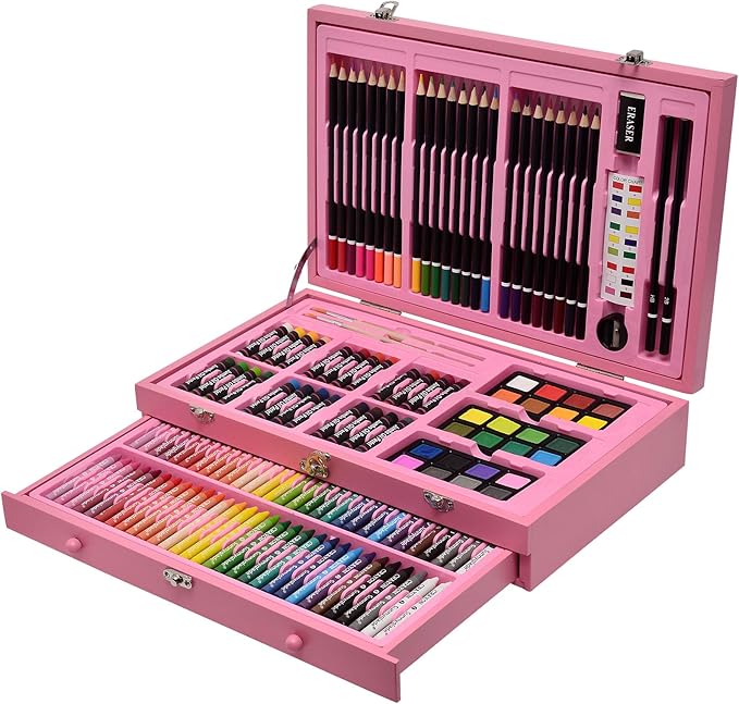 Sunnyglade 145 Piece Deluxe Art Set, Wooden Art Box & Drawing Kit with Crayons, Oil Pastels, Colored Pencils, Watercolor Cakes, Sketch Pencils, Paint Brush, Sharpener, Eraser, Color Chart (Pink)