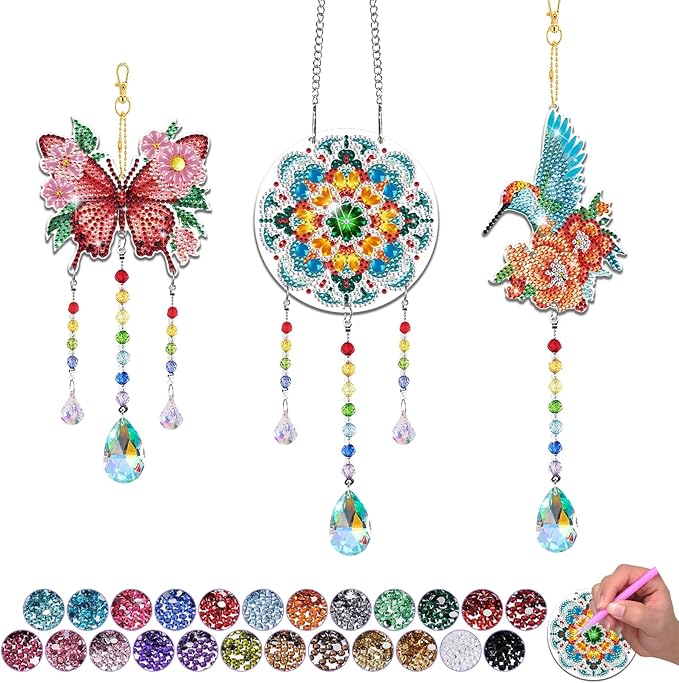 Arts and Crafts for Girls Ages 6-12, DIY Diamond Painting Kits for Kids Teens Adults, Birthday Gifts for 6 7 8 9 10 11 12 Year Old Girls, Butterfly Flower Bird Wind Chimes for Home Garden Decor