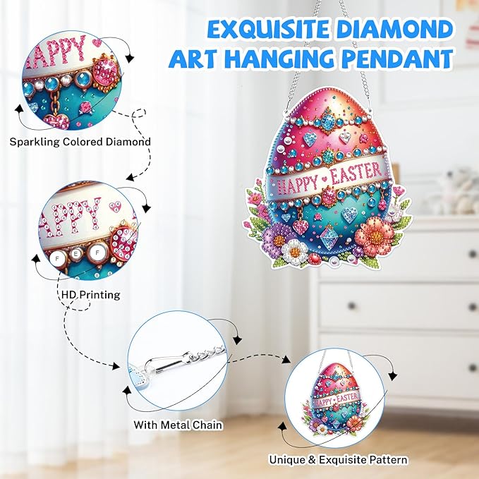 Bowetile Easter Hanging Diamond Art Kits for Adults, 5D Special Shape Diamond Painting Egg Kits, Easter Egg Diamond Gem Art Suncatchers Painting Pendant Home Decor, Gifts for Easter