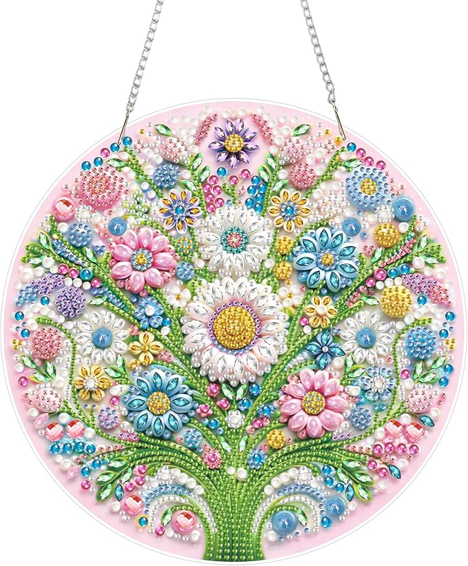 Yunzlly DIY Hanging Diamond Art Pendant Kit, Special Crystal Double Sided Diamonds Painting Ornament Kit for Adults, Acrylic Gem Painting Board for Window&Door&Wall (Flower)