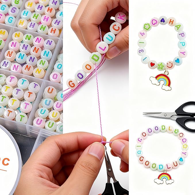 nikkiGuo 1250 PCS Letter Beads Kit with Elastic Cord – Alphabet A–Z, Numbers, Heart, Moon, Star, Smiley Beads for Friendship Bracelets & DIY Jewelry (Glow in The Dark & Colorful Letters)
