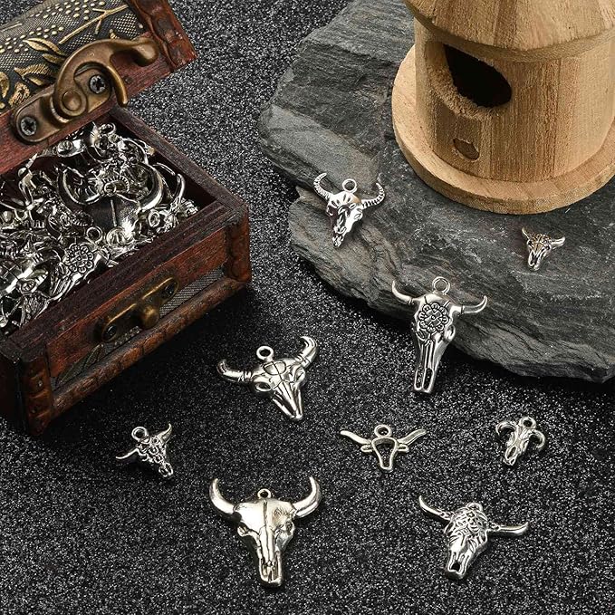 DanLingJewelry 100Pcs 10 Styles Antique Silver Cow Charms Western Cattle Head Charms for Jewelry Craft Making