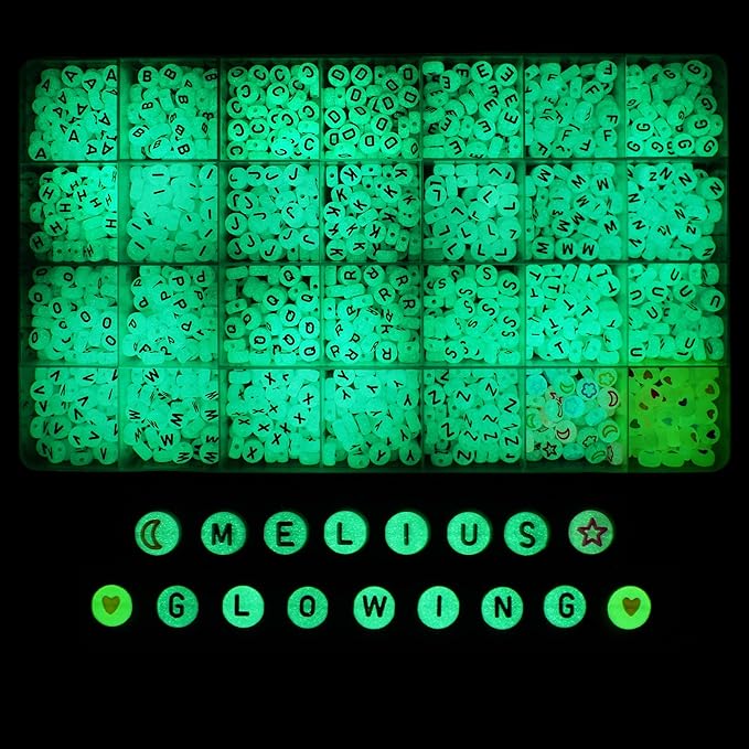 Melius 1450Pcs Acrylic Glow Letter Beads, Alphabetical Glowing in The Dark Beads in 28 Grid Box for Jewelry Making, DIY Bracelets, Necklaces, Key Chains (Glowing, 4x7mm)