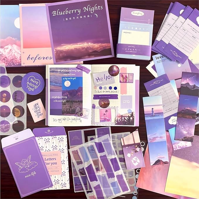 LCLAIDYDY 348 PCS Aesthetic Scrapbook Kit with A6 Grid Notebook, Bullet Junk Journals, DIY Gift Journaling Kit for Teen Girl Women (Moonlight)