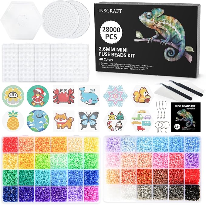 inscraft 28,000 mini fuse beads, 2.6mm 48 colors melty beads with 7 pegboards 15 ironing sheets 2 tweezers 2 ironing papers & 6 chain accessories