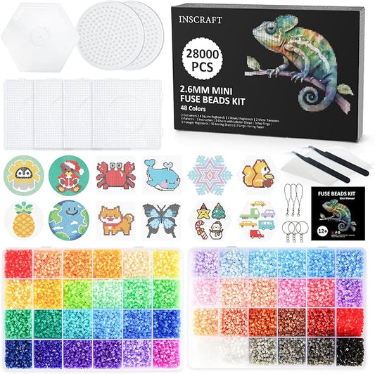 inscraft 28,000 mini fuse beads, 2.6mm 48 colors melty beads with 7 pegboards 15 ironing sheets 2 tweezers 2 ironing papers & 6 chain accessories