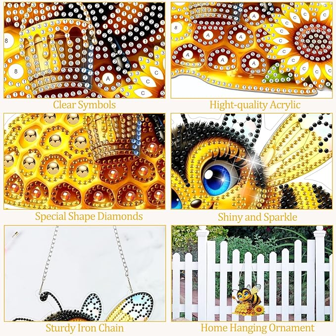 CEOVR Bee Hanging Diamond Art for Adults, Bee Honey Diamond Painting Pendant DIY Gem Art Wall Hanging Ornament, Acrylic Home Garden Decor with Chain, Box Kit 7.77×7.3inch