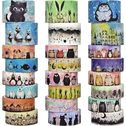 Kawaii Washi Tape Set - 24 Rolls Cute Animals Aesthetic Decorative Washi Tape for Scrapbooking Supplies, Bullet Journal Supplies, Junk Journal, Kids Art Craft Tape