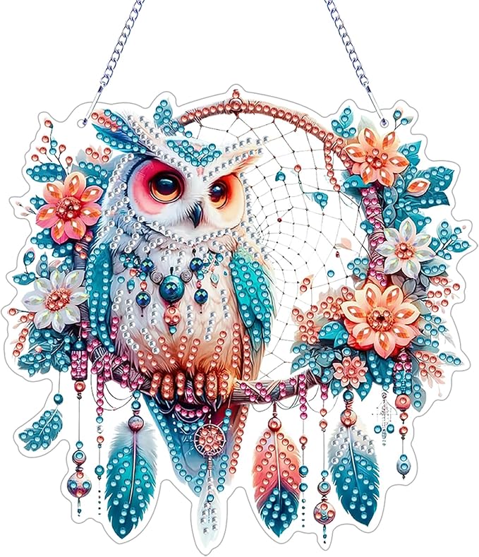 ZeeLionArt Hanging Diamonds Art kit for Adult,Owl Pendant Diamonds Painting Art Kit,7.0x7.0inch Acrylic Diamonds Painting Board Kit Ornament, Special Crystal Diamond Hanging Ornament