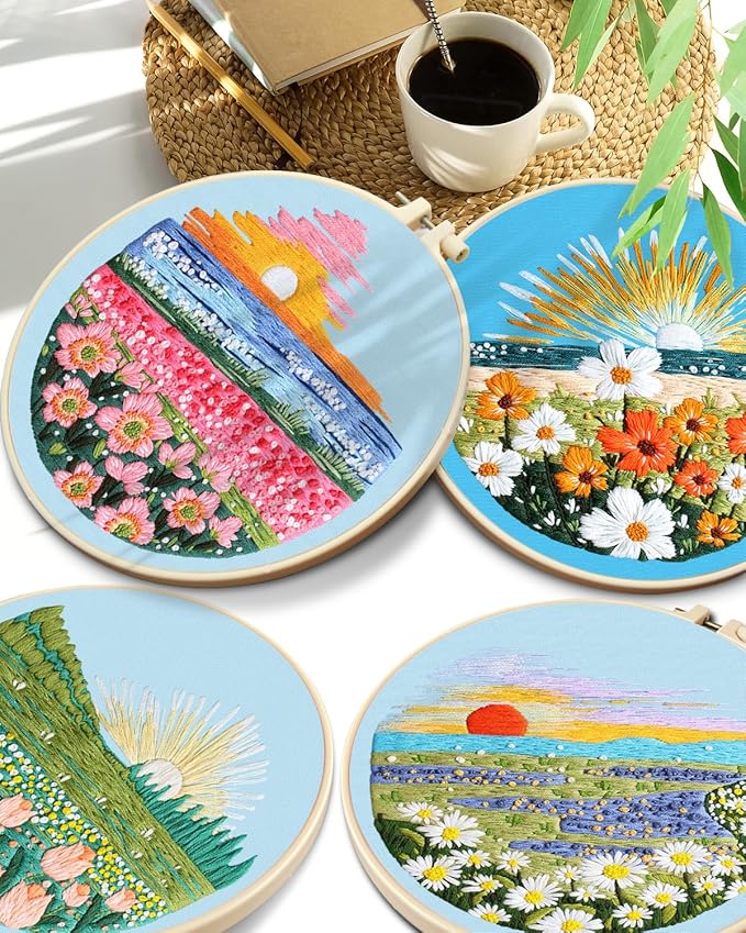 TINDTOP Embroidery Kit for Adult, 4 Pack Cross Stitch Practice Kits for Beginners Include Embroidery Cloth Hoops Threads for Craft Lover Hand Stitch with Embroidery Skill Techniques