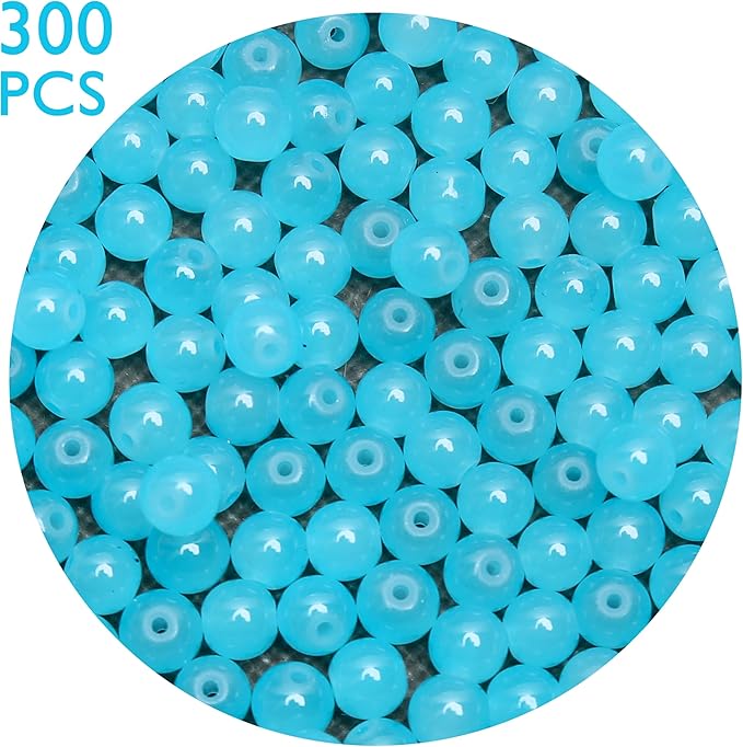 300PCs 6mm Aquamarine Jade Glass Beads Bulk, Round Smooth Hole Glass Crystal Beads for Jewelry Making, DIY Bracelets, Necklaces, Bag Charms, Keychains and Craft Projects