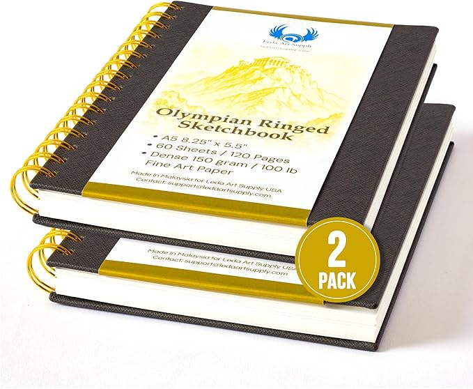 Olympian Ringed Sketchbook, A5 Size 5.5 x 8.25 inches, Gold Metal Ring Binding Lays Flat, 60 Sheets, 150 GSM Fine Art Paper for Artists, Ideal for Pencil, Ink, Watercolor, Leda Art Supply (Pack 2)