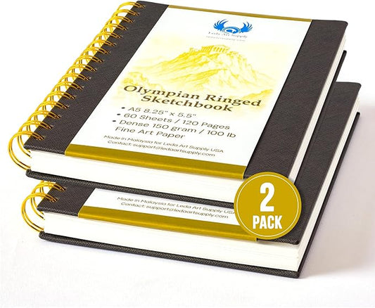 Olympian Ringed Sketchbook, A5 Size 5.5 x 8.25 inches, Gold Metal Ring Binding Lays Flat, 60 Sheets, 150 GSM Fine Art Paper for Artists, Ideal for Pencil, Ink, Watercolor, Leda Art Supply (Pack 2)