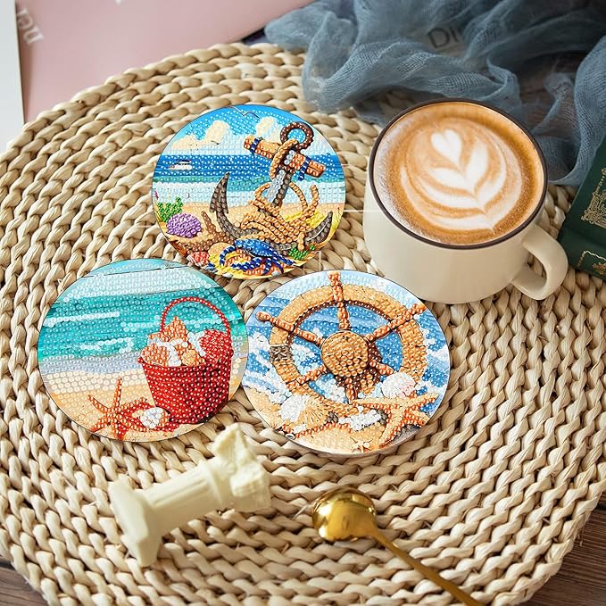 8 Pcs Beach Diamond Art Coasters Kit with Holder, DIY Beach Diamond Painting Coasters for Beginners Adults, Non Slip Diamond Art Kits Craft Supplies 4x4inch