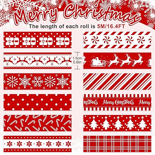 Whaline 12 Rolls Christmas Washi Tapes Red White Decorative Tape Assorted Xmas Patterns Holiday Masking Tapes for Christmas Scrapbook Journal Calendar DIY Craft Gift Wrapping, 16.4ft x 0.6