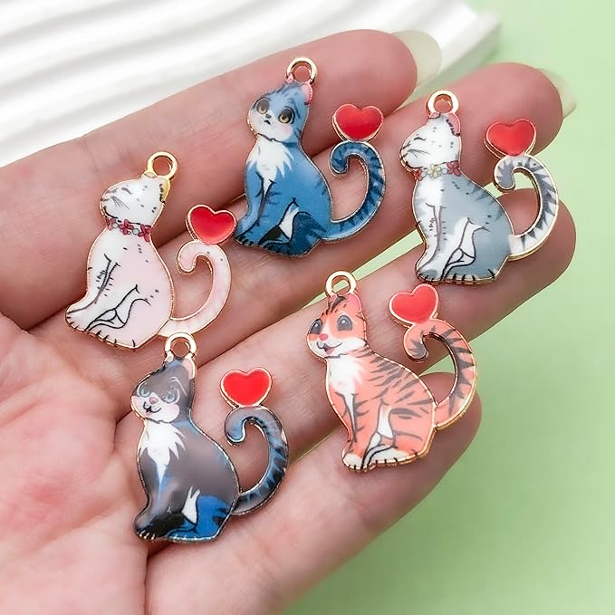 24pcs alloy enamel printed cat series Pendant Jewelry Making DIY Keychain Earrings Pendant Various Design Charms for Jewelry Making Bracelets Necklace (SN941)