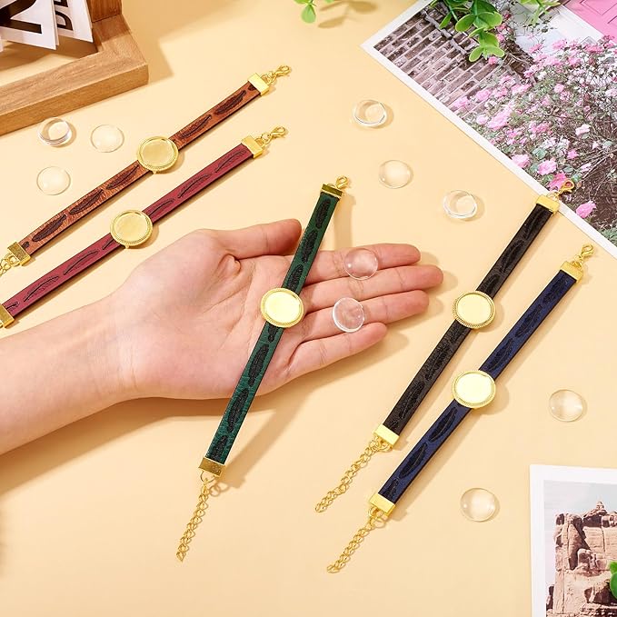 FASHEWELRY 5Pcs PU Leather Cord Bracelet Blanks Bezel Tray Settings Golden Flat Round Tray Cabochons Adjustable Round Tray Bracelet Kits with Glass Cabochons for Jewelry Making