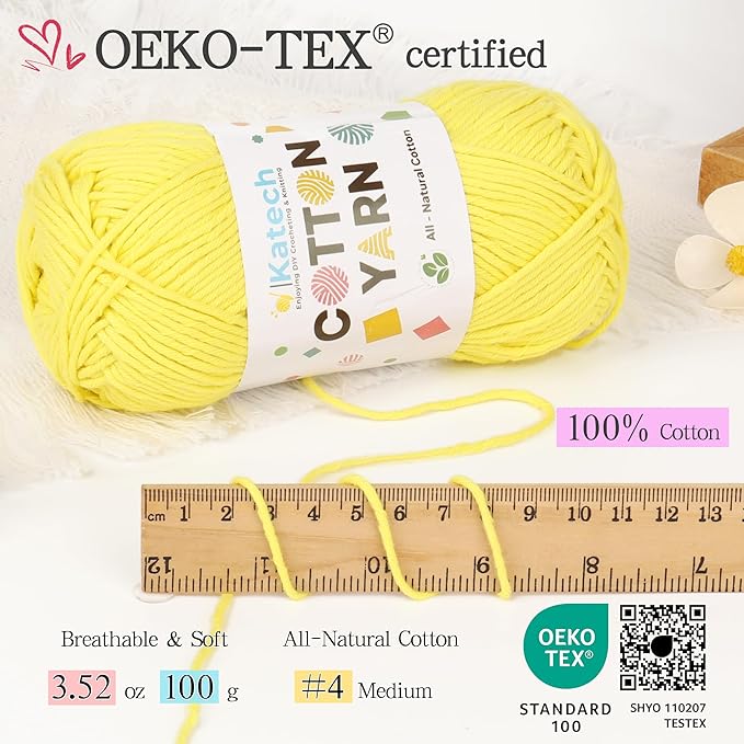 Katech 1OO% Cotton Yarn for Crocheting & Knitting-4 Pack of 100g/3.52 oz-4 Medium (Worsted) Cotton Crochet Yarn-Soft & Breathable-Ideal for Dishcloths, Baby Clothes, Potholders & Summer Projects(C)