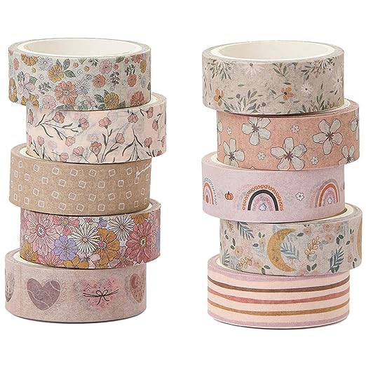 YUBX Boho Washi Tape Set 10 Rolls Cute Masking Graphic Floral Pattern Decorative Tapes for Arts, DIY Crafts, Journals, Planners, Scrapbook, Wrapping (Warm)