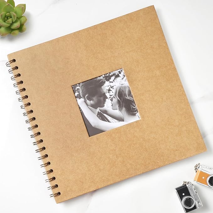 Scrapbook 10 x 10 Inch DIY Square Photo Window + 3 Corner Stickers, Photo Album Hardcover Kraft Paper Brown 20 Sheets/ 40 Pages