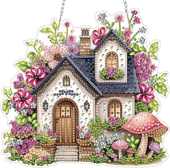 MXJSUA Diamond Art Hanging Kits for Adults Beginners, Flowers and Mushrooms Cottage DIY Acrylic Special Shaped Crystal Diamond Gem Art Pendant Drills Painting Ornament for Home Wall Decor and Gift