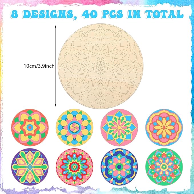 Blosssound 40 Pcs Unfinished Wood Mandala to Paint Wooden Mandala Painting Crafts Diwali Art Slices for Adult to Relax Painting DIY Crafts Ornament Wedding Home Decorations, 4 Inch(Classic)