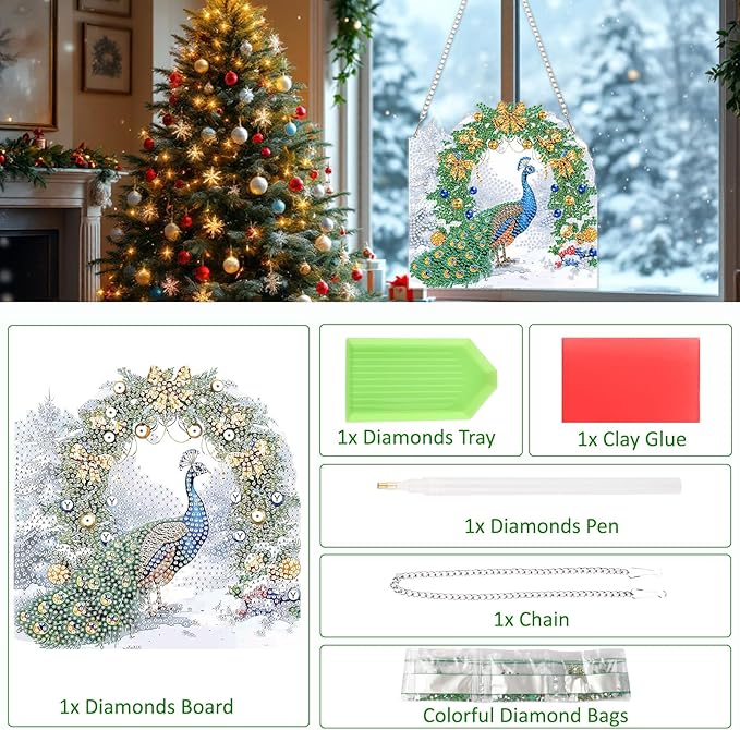 SENQAO Christmas Diamond Art Hanging Kits for Adults Kids, Peacock Diamond Art Suncatchers, 5D Special Shape Diamond Painting Pendant Window Ornament Gifts for Home Door Wall Decor