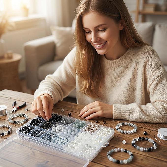 Hanyoung 8mm Glass Beads for Bracelet Punk Style, Black and White 48 Colors 1450 pcs Beads for Jewelry Making kit, Crystal Glass Round Beads for DIY Crafts Gifts (Black & White Color)