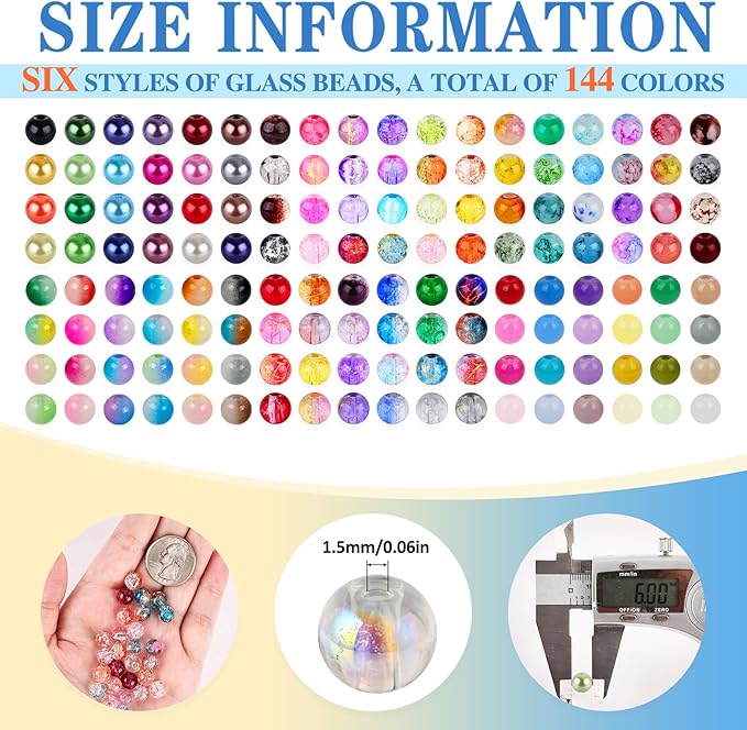 XSEINO About 144 Colors 1200PCS 6mm Glass Beads Bracelet Making Set, Colored Glass Beads in Six Styles for Bracelet, Jewelry and DIY Craft Making