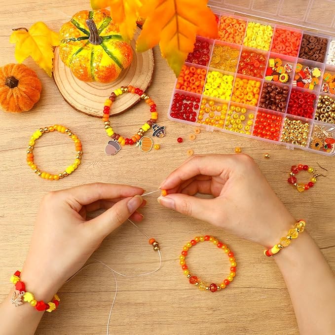 UPINS 2100PCS+ Fall Bracelets Beads Kit for Jewelry Making Thanksgiving Autumn Clay Round Maple Leaf Pumpkin Pony Pearl Beads for Fall DIYJewelry Supplies