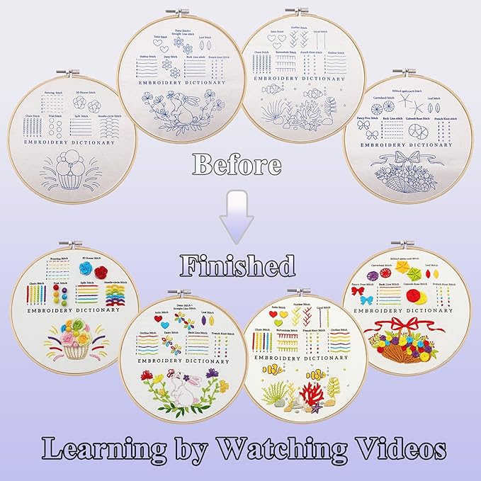 VIVIDOX 4 Sets Embroidery Kit for Beginners with Stitch Video, Cross Stitch Kits for Adults, Hand Craft Lover, Starters Easy Practice with Stamped Pattern, Hoop, Needles, Scissors, Tools & Instruction