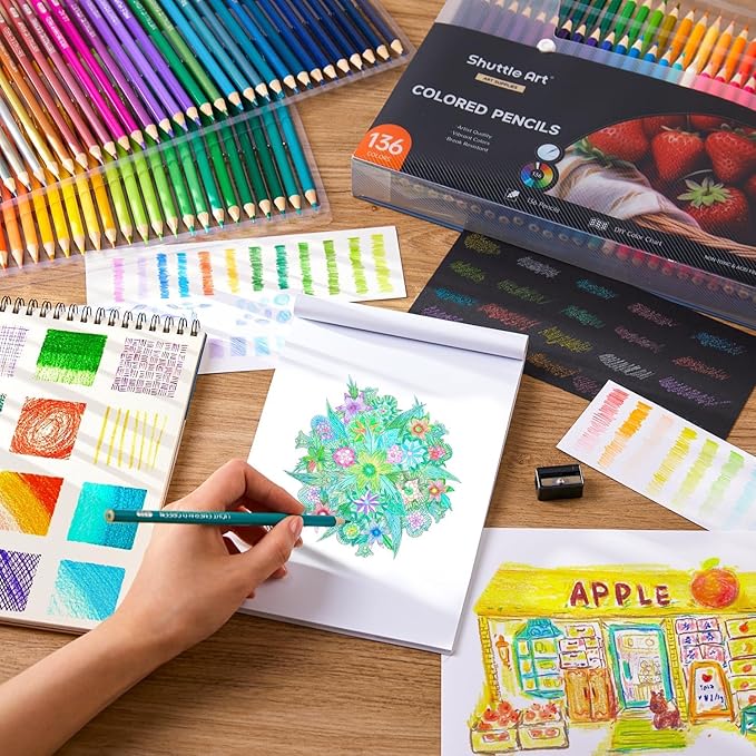 Shuttle Art 136 Color Pencils for Adult Coloring Book, Soft Core Colored Pencils Set for Doodling, Sketching, Drawing, Art Supplies