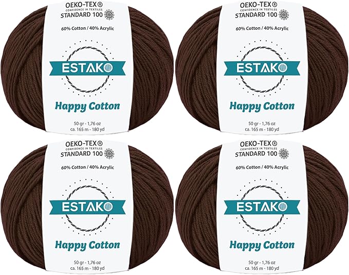 Estako Happy Cotton, (4 Skeins Pack) 60% Cotton 40% Acrylic Yarn, Soft, Fine/Sport (2) for Crochet and Knitting (4 x 1.76 Oz) / (4 x 180 Yrds) (4410 - Brown)