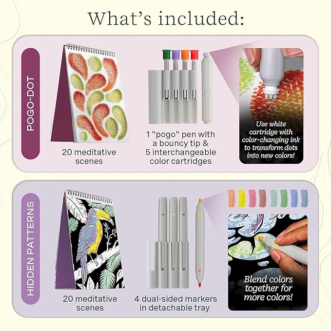 Lifelines FlowArt Activity Pads, 4-Pack - Guided Art Medtiations with 4 Sets of Markers & 80 Scenes - Color by Letter, Dot-Art and More, Coloring Books for Tweens, Adults & Seniors